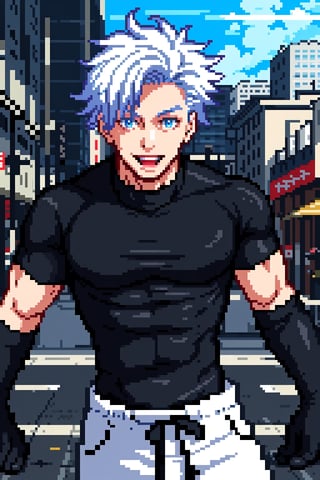 1 boy, edge light, Gojo Satoru, powerful sorcerer, tight black t-shirt, loose white pants, bright blue eyes, white hair, happy, city background, Jujutsu Kaisen, mix of fantasy and realism, special effects, fantasy, ultra HD, HDR, 4K,Pixel art