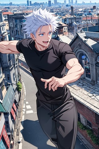 1 boy, edge light, Gojo Satoru, powerful sorcerer, tight black t-shirt, loose white pants, bright blue eyes, white hair, happy, city background, Jujutsu Kaisen, mix of fantasy and realism, special effects, fantasy, ultra HD, HDR, 4K,Pixel art,Pixel world,masterpiece