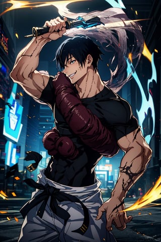 1 boy, edge light, toji fushiguro, tight black t-shirt, loose white pants, black hair, face with scar, smiling, city background, Jujutsu Kaisen, mix of fantasy and realism, special effects, fantasy, ultra HD, HDR, 4K, face in focus, best quality, face in focus, dutch angle, muscular,
