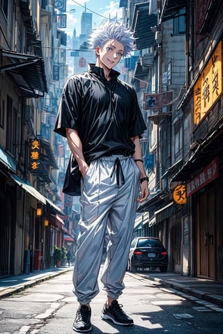 1 boy, edge light, Gojo Satoru, powerful sorcerer, tight black t-shirt, loose white pants, bright blue eyes, white hair, happy, city background, Jujutsu Kaisen, mix of fantasy and realism, special effects, fantasy, ultra HD, HDR, 4K,