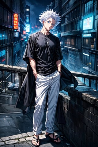 1 boy, edge light, Gojo Satoru, powerful sorcerer, tight black t-shirt, loose white pants, bright blue eyes, white hair, happy, city background, Jujutsu Kaisen, mix of fantasy and realism, special effects, fantasy, ultra HD, HDR, 4K,