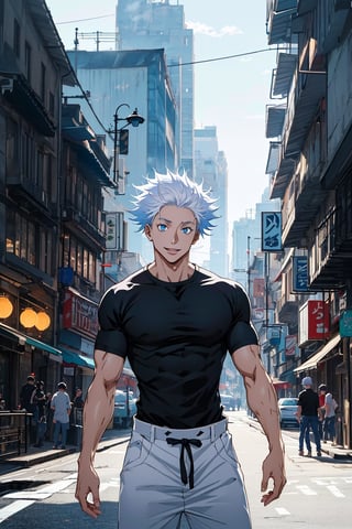 1 boy, edge light, Gojo Satoru, powerful sorcerer, tight black t-shirt, loose white pants, bright blue eyes, white hair, happy, city background, Jujutsu Kaisen, mix of fantasy and realism, special effects, fantasy, ultra HD, HDR, 4K,