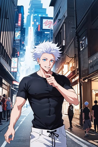 1 boy, edge light, Gojo Satoru, powerful sorcerer, tight black t-shirt, loose white pants, bright blue eyes, white hair, happy, city background, Jujutsu Kaisen, mix of fantasy and realism, special effects, fantasy, ultra HD, HDR, 4K,