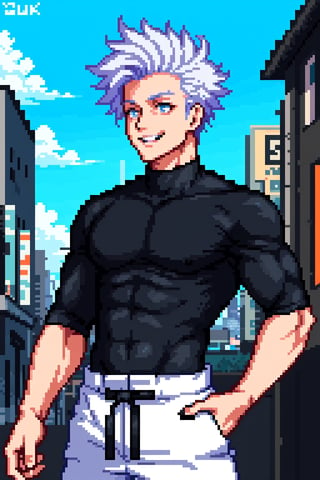 1 boy, edge light, Gojo Satoru, powerful sorcerer, tight black t-shirt, loose white pants, bright blue eyes, white hair, happy, city background, Jujutsu Kaisen, mix of fantasy and realism, special effects, fantasy, ultra HD, HDR, 4K,Pixel art,Pixel world