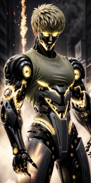 ((masterpiece, best quality)), (((Genos))), One Punch Man, Cyborg, (((glowing yellow iris))), black_pupils, blond_hair, calm, collected, artificial skins,  robotic arms,  sleeveless_shirt, toned_male, muscular_body,  tall, metal details, background of buildings Tokyo Japan, light flashes, fire explosion, mix of fantastic and realistic elements, uhd image, vibrant artwork,,GENOS   ,scifi,1girl锛� roujinzhi,worldoffire