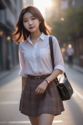 In autumn, a super beautiful Chinese 18-year-old girl with medium wavy hair, brown, white shirt, rolled up sleeves, pink plaid skirt, black handbag, bracelet, walking on the street, (slender body), surrealism, chiaroscuro, movie lights , Lens Flare, From Outside, From Side, Ultra HD, Textured Skin, High Detail, High Resolution