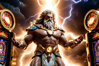 (masterpiece, ultra-detailed photo, ultra high quality, HDR, High_res 16k), an omnipotent zeus, holding lightning bolt in his palm, standing in the tartarus gate glowing with magical lighting, casino, slot machines, epic, dramatic, intricate, sharp focus, volumetric light, medium contrast, cinematic, from below,more detail XL