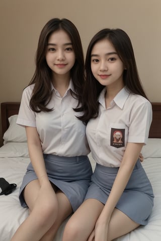 2 girls’ .stand parallel,

[Girl 1: [(brown hair), brown eyes, Chinese face, wearing white collar shirt and grey skirt]]
[Girl 2: [wearing white collar shirt and grey skirt, Korean face]]
Equal height, smile expression, detailed, sitting on the bed in a luxurious room