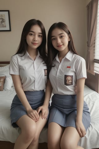 2 girls’ .stand parallel,

[Girl 1: [(brown hair), brown eyes, Chinese face, wearing white collar shirt and grey skirt]]
[Girl 2: [wearing white collar shirt and grey skirt, Korean face]]
Equal height, smile expression, detailed, sitting on the bed in a luxurious room