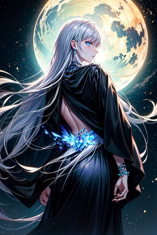 Against a backdrop of starry night sky, Aria stands tall, her long silver hair cascading down her back like a river of moonlight. Her deep blue eyes, piercing and wise, seem to hold secrets of the cosmos. She dons a flowing black robe adorned with intricate silver embroidery resembling constellations, her magic coursing through the threads. Around her neck, a delicate necklace featuring a moonstone pendant glows softly, amplifying her connection to mystical forces.