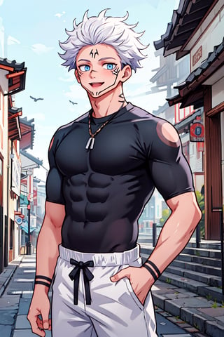 1 boy, edge light, Gojo Satoru, powerful sorcerer, tight black t-shirt, loose white pants, bright blue eyes, white hair, happy, city background, Jujutsu Kaisen, mix of fantasy and realism, special effects, fantasy, ultra HD, HDR, 4K,sukunatattoo