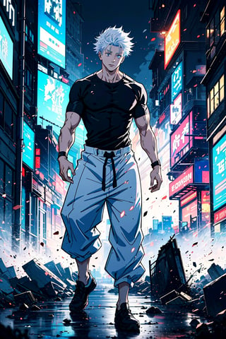 1boy, Gojo Satoru, powerful sorcerer, full body, tight black t-shirt, loose white pants, light blue eyes, white hair, city background, Jujutsu Kaisen, mix of fantasy and realism, special effects, fantasy, ultra HD, HDR, 4K, realhands, gojosatoru