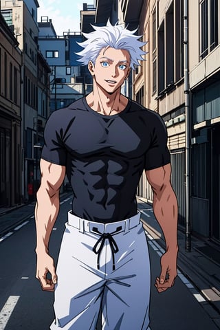 1 boy, edge light, Gojo Satoru, powerful sorcerer, tight black t-shirt, loose white pants, bright blue eyes, white hair, happy, city background, Jujutsu Kaisen, mix of fantasy and realism, special effects, fantasy, ultra HD, HDR, 4K,