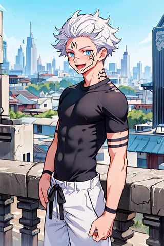 1 boy, edge light, Gojo Satoru, powerful sorcerer, tight black t-shirt, loose white pants, bright blue eyes, white hair, happy, city background, Jujutsu Kaisen, mix of fantasy and realism, special effects, fantasy, ultra HD, HDR, 4K,sukunatattoo