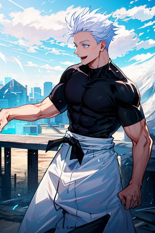 1 boy, edge light, Gojo Satoru, powerful sorcerer, tight black t-shirt, loose white pants, bright blue eyes, white hair, happy, city background, Jujutsu Kaisen, mix of fantasy and realism, special effects, fantasy, ultra HD, HDR, 4K,