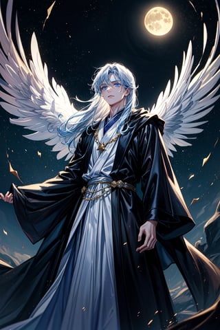 A young sorcerer stands against a darkened backdrop, illuminated by soft, lunar hues. His long, silver hair flows like moonlight on a starry night, framing his enigmatic features. Intense blue eyes gleam with wisdom as he gazes into the distance. A black robe with intricate, shimmering constellations adorns his figure, while a delicate necklace featuring a radiant moonstone amplifies his magical connection. The overall atmosphere is mystical and ethereal, with an air of ancient wisdom.