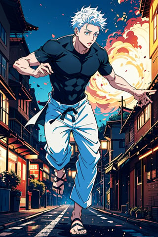 1boy, Gojo Satoru, powerful sorcerer, full body, tight black t-shirt, loose white pants, light blue eyes, white hair, city background, Jujutsu Kaisen, mix of fantasy and realism, special effects, fantasy, ultra HD, HDR, 4K, realhands, gojosatoru