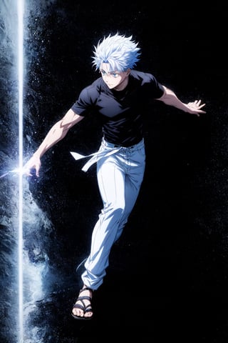 1boy, Gojo Satoru, powerful sorcerer, full body, black tight t-shirt, loose white pants, light blue eyes, white hair, Jujutsu Kaisen, mix of fantasy and realism, special effects, fantasy, ultra HD, HDR, 4K, realhands, gojosatoru