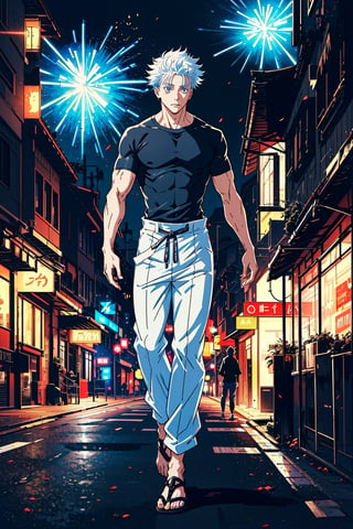 1boy, Gojo Satoru, powerful sorcerer, full body, tight black t-shirt, loose white pants, light blue eyes, white hair, city background, Jujutsu Kaisen, mix of fantasy and realism, special effects, fantasy, ultra HD, HDR, 4K, realhands, gojosatoru