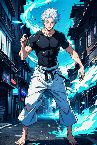 1boy, Gojo Satoru, powerful sorcerer, full body, tight black t-shirt, loose white pants, light blue eyes, white hair, city background, Jujutsu Kaisen, mix of fantasy and realism, special effects, fantasy, ultra HD, HDR, 4K, realhands, gojosatoru