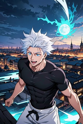 1 boy, edge light, Gojo Satoru, powerful sorcerer, tight black t-shirt, loose white pants, bright blue eyes, white hair, happy, city background, Jujutsu Kaisen, mix of fantasy and realism, special effects, fantasy, ultra HD, HDR, 4K,