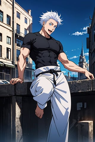 1 boy, edge light, Gojo Satoru, powerful sorcerer, tight black t-shirt, loose white pants, bright blue eyes, white hair, happy, city background, Jujutsu Kaisen, mix of fantasy and realism, special effects, fantasy, ultra HD, HDR, 4K,