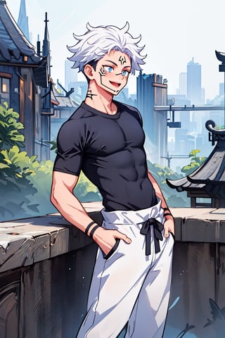 1 boy, edge light, Gojo Satoru, powerful sorcerer, tight black t-shirt, loose white pants, bright blue eyes, white hair, happy, city background, Jujutsu Kaisen, mix of fantasy and realism, special effects, fantasy, ultra HD, HDR, 4K,sukunatattoo