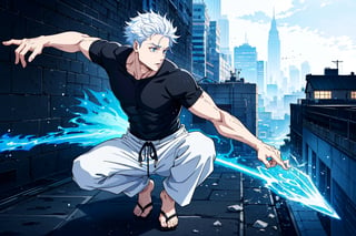 1boy, Gojo Satoru, powerful sorcerer, full body, tight black t-shirt, loose white pants, light blue eyes, white hair, city background, Jujutsu Kaisen, mix of fantasy and realism, special effects, fantasy, ultra HD, HDR, 4K, realhands, gojosatoru