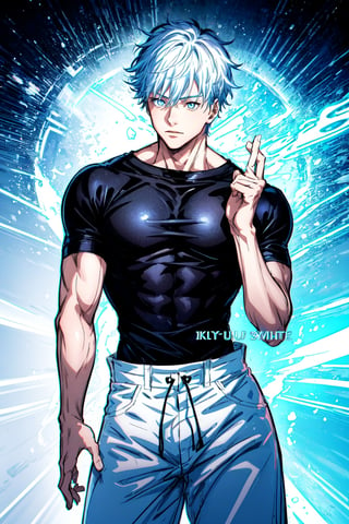 1boy, Gojo Satoru, powerful sorcerer, full body, black tight t-shirt, loose white pants, light blue eyes, white hair, Jujutsu Kaisen, mix of fantasy and realism, special effects, fantasy, ultra HD, HDR, 4K, realhands, gojosatoru