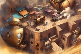 crowded steampunk street, victorian clothing,
from above, view from blimp, sandstone wall, desert foreground, (blurred foreground:0.7)
ink ,steampunk style