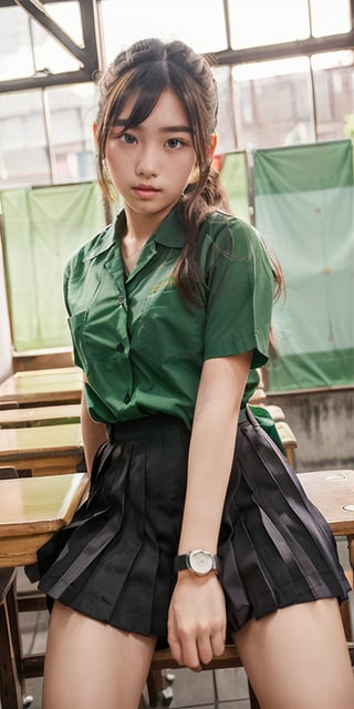 1girl, half body portrait, (age 13-16:1.4), gorgeous, (dynamic pose:0.8),studio lighting, white background, ((vietnamese teen top model)), bang, curly long hair, buns, heterochromia,,downblouse, ((twuniform)). ((green taiwan high school uniform)),twuniform