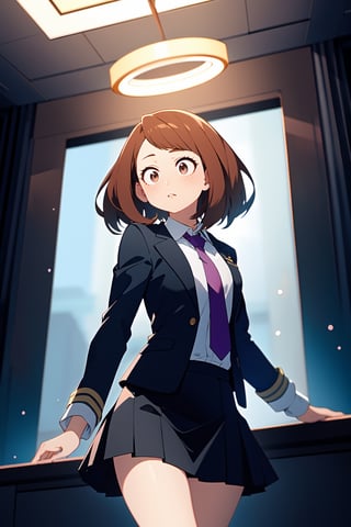 masterpiece, best quality, highres, long hair, school uniform uncovered, Blue_necktie, black jacket, open jacket, long sleeve, black skirt, short skirt, yugioh, illustration, ,hmochako, ochako uraraka, command spell, 