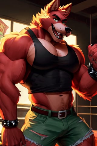 Male Muscular Foxy, (wearing a Black tank top and green ripped shorts) (big pecs) (fnaf) (opens jaw) 