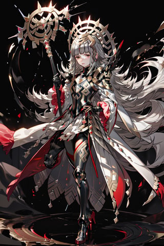 a spanish girl, long hair,silver hair,gold eyes,high quality, high resolution, high precision, realism, color correction, proper lighting settings, harmonious composition, girl, fantasy court red dress ,silver color,clear background, pure color background,black background,serious face,
holding staff,bra_veronica, armor,black armor, feathers,cape, closed mouth, black gloves, shoulder armor, breastplate, high heels, armored boots, black long sleeves, feather trim, white wide sleeves, gauntlets, , black dress, thighhighs, red pantyhose, greaves, black skirt, outdoors,(masterpiece, best quality, ultra-detailed, best shadow)