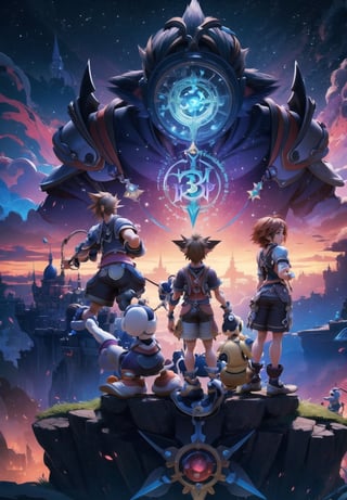 Masterpiece in maximum 4K resolution, inspired by the cover style of the game Kingdom Hearts 3. | The cover features all of the game's iconic characters, brought together in an epic composition. In the center, Sora, the protagonist, stands out, with a Keyblade in hand and a determined look. To his right, Riku and Kairi, his faithful companions, are ready for battle. On the opposite side, Disney characters, such as Mickey, Donald and Goofy, contribute to the diversity of the scene. Emblematic villains like Xehanort and Ansem also occupy strategic spaces in the composition. | The atmosphere of the cover is intensified by a dynamic background, mixing elements from the various worlds present in the game. Futuristic structures, enchanted castles, spaceships and magical landscapes form the background. Cinematic lighting highlights each character and adds depth to the scene. | The game logo "Kingdom Hearts 3" is positioned at the top of the cover, with a unique design that combines elements of fantasy and adventure. The letters have a refined quality and feature details that reflect the game's magical universe. | The Kingdom Hearts 3 game cover features an epic composition featuring all of the main characters, providing players with a comprehensive look at the game's diverse and exciting universe. | ((perfect_body, perfect_pose)) , ((perfect_finger, perfect_fingers, perfect_hand, perfect_hands, better_hands)), ((Masterpiece in maximum 4K resolution, | inspired by the cover style of the game Kingdom Hearts 3):1.5), ((More Detail, ultra_detailed, Enhance)).