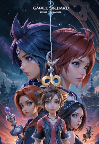 Masterpiece in maximum 4K resolution, inspired by the cover style of the game Kingdom Hearts 3. | The cover features all of the game's iconic characters, brought together in an epic composition. In the center, Sora, the protagonist, stands out, with a Keyblade in hand and a determined look. To his right, Riku and Kairi, his faithful companions, are ready for battle. On the opposite side, Disney characters, such as Mickey, Donald and Goofy, contribute to the diversity of the scene. Emblematic villains like Xehanort and Ansem also occupy strategic spaces in the composition. | The atmosphere of the cover is intensified by a dynamic background, mixing elements from the various worlds present in the game. Futuristic structures, enchanted castles, spaceships and magical landscapes form the background. Cinematic lighting highlights each character and adds depth to the scene. | The game logo "Kingdom Hearts 3" is positioned at the top of the cover, with a unique design that combines elements of fantasy and adventure. The letters have a refined quality and feature details that reflect the game's magical universe. | The Kingdom Hearts 3 game cover features an epic composition featuring all of the main characters, providing players with a comprehensive look at the game's diverse and exciting universe. | ((perfect_body, perfect_pose)) , ((perfect_finger, perfect_fingers, perfect_hand, perfect_hands, better_hands)), ((Masterpiece in maximum 4K resolution, | inspired by the cover style of the game Kingdom Hearts 3):1.5), ((More Detail, ultra_detailed, Enhance)).