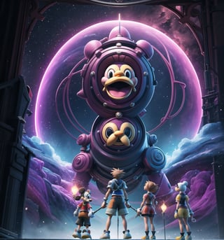 Masterpiece in maximum 4K resolution, inspired by the cover style of the game Kingdom Hearts 3. | The cover features all of the game's iconic characters, brought together in an epic composition. In the center, Sora, the protagonist, stands out, with a Keyblade in hand and a determined look. To his right, Riku and Kairi, his faithful companions, are ready for battle. On the opposite side, Disney characters, such as Mickey, Donald and Goofy, contribute to the diversity of the scene. Emblematic villains like Xehanort and Ansem also occupy strategic spaces in the composition. | The atmosphere of the cover is intensified by a dynamic background, mixing elements from the various worlds present in the game. Futuristic structures, enchanted castles, spaceships and magical landscapes form the background. Cinematic lighting highlights each character and adds depth to the scene. | The game logo "Kingdom Hearts 3" is positioned at the top of the cover, with a unique design that combines elements of fantasy and adventure. The letters have a refined quality and feature details that reflect the game's magical universe. | The Kingdom Hearts 3 game cover features an epic composition featuring all of the main characters, providing players with a comprehensive look at the game's diverse and exciting universe. | ((Kingdom Hearts 3 style):1.5),  ((perfect pose)), ((perfect arms):1.2), ((perfect limbs, perfect fingers, better hands, perfect hands, hands)), ((perfect legs, perfect feet):1.2), ((perfect design)), ((perfect composition)), ((very detailed scene, very detailed background, perfect layout, correct imperfections)), Enhance, ((Ultra details))++, ((poakl)), More Detail