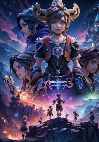 Masterpiece in maximum 4K resolution, inspired by the cover style of the game Kingdom Hearts 3. | The cover features all of the game's iconic characters, brought together in an epic composition. In the center, Sora, the protagonist, stands out, with a Keyblade in hand and a determined look. To his right, Riku and Kairi, his faithful companions, are ready for battle. On the opposite side, Disney characters, such as Mickey, Donald and Goofy, contribute to the diversity of the scene. Emblematic villains like Xehanort and Ansem also occupy strategic spaces in the composition. | The atmosphere of the cover is intensified by a dynamic background, mixing elements from the various worlds present in the game. Futuristic structures, enchanted castles, spaceships and magical landscapes form the background. Cinematic lighting highlights each character and adds depth to the scene. | The game logo "Kingdom Hearts 3" is positioned at the top of the cover, with a unique design that combines elements of fantasy and adventure. The letters have a refined quality and feature details that reflect the game's magical universe. | The Kingdom Hearts 3 game cover features an epic composition featuring all of the main characters, providing players with a comprehensive look at the game's diverse and exciting universe. | (((((perfect_body))))), ((perfect_pose)) , ((perfect_finger, perfect_fingers, perfect_hand, perfect_hands, better_hands)), ((Masterpiece in maximum 4K resolution, | inspired by the cover style of the game Kingdom Hearts 3):1.5), ((More Detail, ultra_detailed, Enhance)).