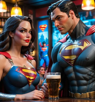 ((Ultra-detailed 4K image, realistic and vibrant comic book style.):1.3). | ((Superman and Batman)) are sitting side by side in a bar full of women, holding beers and chatting animatedly. They wear their iconic hero outfits, with the "S" emblem on Superman's chest and the bat symbol on Batman's chest. The surrounding women look at them with admiration and interest, while the atmosphere is lively and full of energy. | Medium shot angled composition, emphasizing the imposing figures of Superman and Batman and the details of the bar. The camera follows their movements and facial expressions as they interact with each other and the women around them. | Vibrant, colorful lighting effects create a lively, fun atmosphere, while detailed textures on clothing and the environment add realism to the image. | Superman and Batman drinking beer in a bar full of women, enjoying a moment of leisure and fun away from their responsibilities as heroes. | ((perfect anatomy, perfect body)), ((perfect_pose):1.5), ((more_than_one_pose, perfect_pose)), ((perfect fingers, better hands, perfect hands, perfect legs, perfect feet)), ((perfect design) ), ((correct errors):1.2), ((perfect composition)), ((very detailed scene, very detailed background, correct imperfections, perfect layout):1.2), ((More Detail, Enhance)).