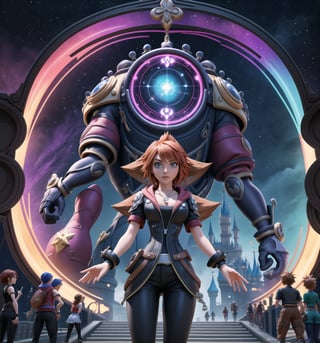 Masterpiece in maximum 4K resolution, inspired by the cover style of the game Kingdom Hearts 3. | The cover features all of the game's iconic characters, brought together in an epic composition. In the center, Sora, the protagonist, stands out, with a Keyblade in hand and a determined look. To his right, Riku and Kairi, his faithful companions, are ready for battle. On the opposite side, Disney characters, such as Mickey, Donald and Goofy, contribute to the diversity of the scene. Emblematic villains like Xehanort and Ansem also occupy strategic spaces in the composition. | The atmosphere of the cover is intensified by a dynamic background, mixing elements from the various worlds present in the game. Futuristic structures, enchanted castles, spaceships and magical landscapes form the background. Cinematic lighting highlights each character and adds depth to the scene. | The game logo "Kingdom Hearts 3" is positioned at the top of the cover, with a unique design that combines elements of fantasy and adventure. The letters have a refined quality and feature details that reflect the game's magical universe. | The Kingdom Hearts 3 game cover features an epic composition featuring all of the main characters, providing players with a comprehensive look at the game's diverse and exciting universe. | ((Kingdom Hearts 3 style):1.2),  ((perfect pose)), ((perfect arms):1.2), ((perfect limbs, perfect fingers, better hands, perfect hands, hands)), ((perfect legs, perfect feet):1.2), ((perfect design)), ((perfect composition)), ((very detailed scene, very detailed background, perfect layout, correct imperfections)), Enhance, ((Ultra details))++, ((poakl)), More Detail