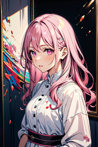 Light pink hair, pink eyes, pink and white, sakura leafs, vivid colors, white dress, paint splash, simple background, ray tracing, wavy hair