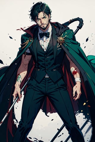 (-_-)masterpiece ,1man,blood on face,green eyes,thin beard,ambient light,short hair,serious face expression,green tuxedo,black anklepants,half cape,dark art,holding cane , dark skin