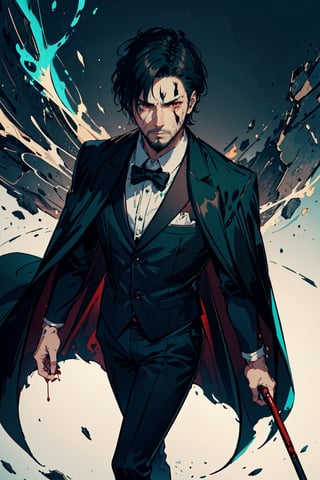 (-_-)masterpiece ,1man,blood on face,red eyes,thin beard,ambient light,short hair,serious face expression,green tuxedo,black anklepants,half cape,dark art,holding cane , dark skin