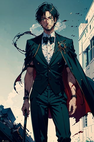 (-_-)masterpiece ,1man,blood on face,green eyes,thin beard,ambient light,short hair,serious face expression,green tuxedo,black anklepants,half cape,dark art,holding cane , dark skin