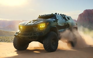 Masterpiece, 4k, High Resolution, Octane Render, Unreal Engine 5, Award Winning, Dramatic Lighting, Intricate, 8k Highly Professional Detail, HDR, Smooth, Sharp Focus, Illustration, Unreal Engine 5, Octane Render, Cinematic Light, dynamic volumetric lighting, Off-road suspension,baja, Armored vehicle,suv, all-terrain vehicle, concept, science fiction, (f150:0.2),oshkosh m-atv jltv,humvee, Knight XV ,future,c_car,JB64,TechStreetwear,ROBOT,exosuit,LegendDarkFantasy