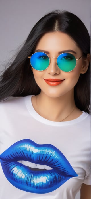 wearing blue dress,1woman,28 years old,smiling,white long hair,green eyes,round sunglasses,white open t-shirt,(((on the t-shirt,loneyl)))writes(best quality,high level :),(vibrant colors,colour :), (bokeh),(full length portraits), (studio lighting),(ultra fine image),(sharp) focus),(highly detailed eyes, body and face),(detailed lips),(beautiful detailed eyes),( long eyelashes), black hair, professional look, looking at viewer , she is a teacher 