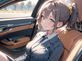 1 beautiful girl,female_solo, upper body, diagonal angle,
ponytail hair, blue eyes, black hair,
proud, arrogant, smile,
black suit,
sitting in a car,
warm skill, romatic atmostphe
masterpiece, best quality,