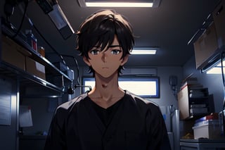 handsome boy, sad, nice, charming, 1 person, attractive, fresh, a noble, in a company, black short hair, wear a shirt, in a hospital, upper body, in the dark, night, diagonal angle