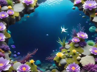 Bird view, Center the composition, Underwater world, Under the sea, Top-down perspective , From high above, only background, 3D rendering, colorful ink wash painting style, flower, water, no humans, grass, plant, scenery, purple flower, pillar, moss