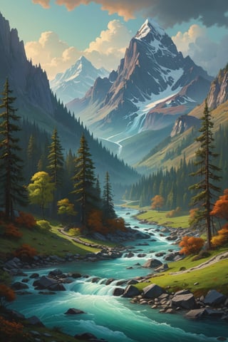 a painting of a mountain scene with a river in the foreground, in the style dan mumford artwork, concept art, maya render, tom bagshaw, and peter mohrbacher